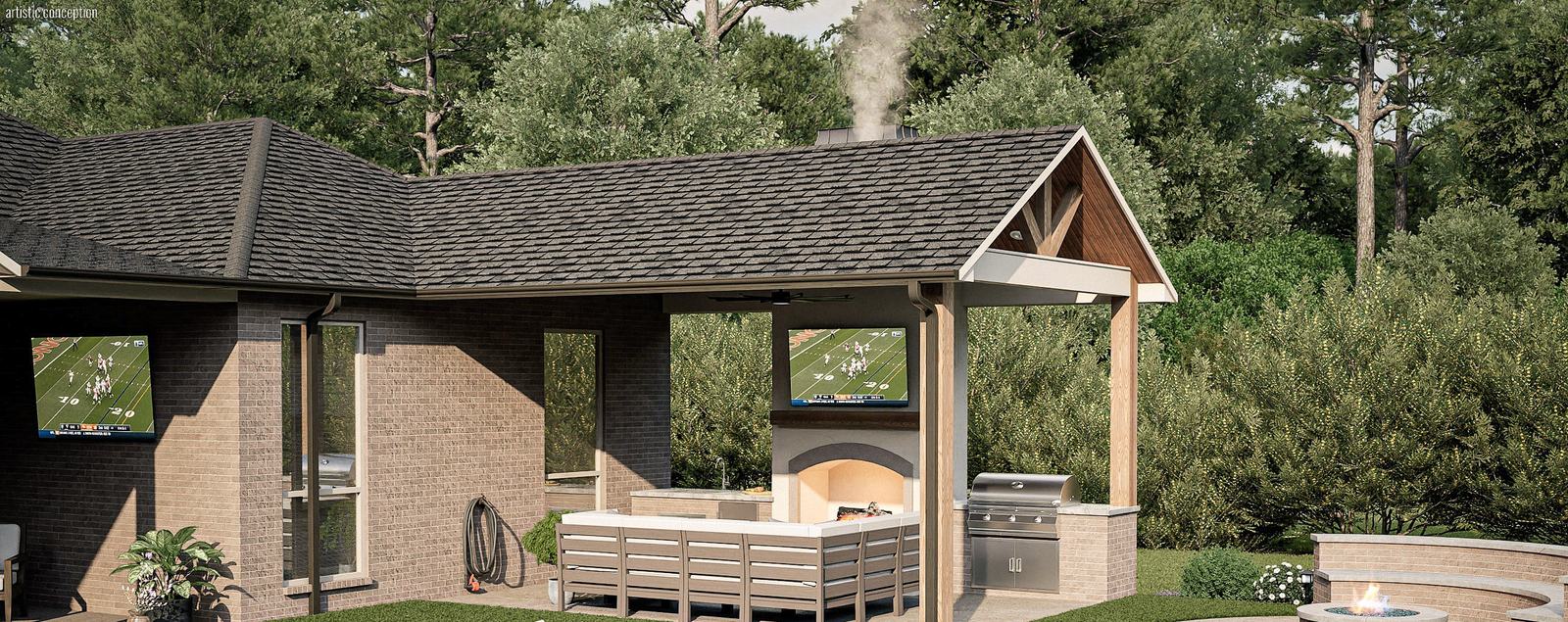 3D rendering of a gable-roof pavilion attached to a brick home, with a stucco fireplace and TV, an outdoor kitchen with a stainless grill, sectional seating and a round fire pit