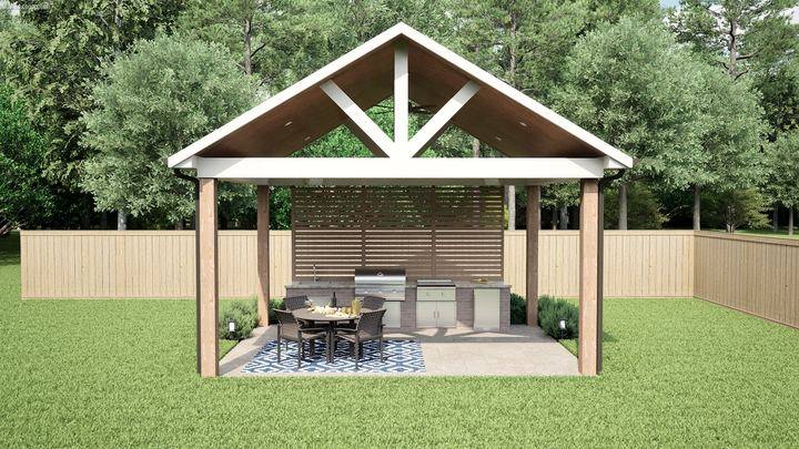 Gable roof pavilion with an exposed truss over a covered patio in Ascension Parish, Louisiana