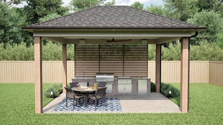 Hip roof pavilion with a brick outdoor kitchen and paver patio built in the Baton Rouge area